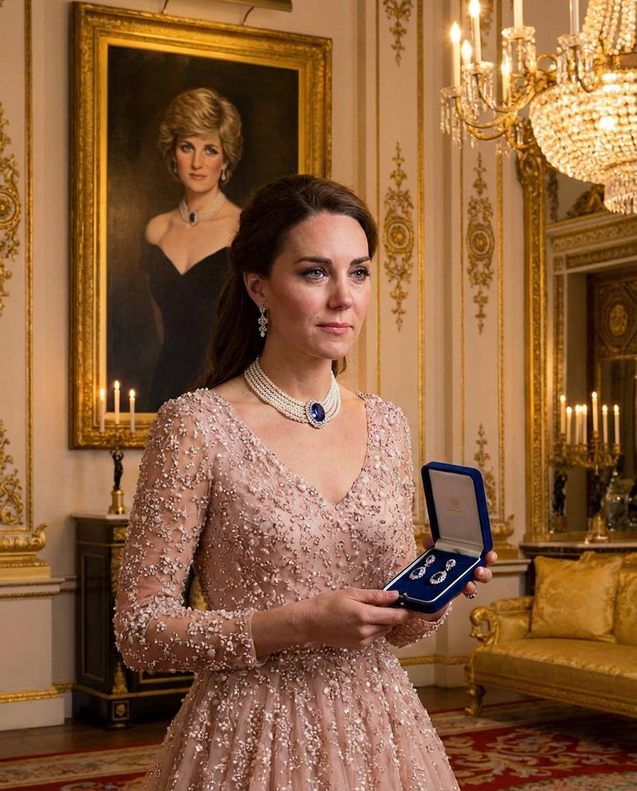 Thêm chi tiết Công chúa Catherine với khuôn mặt xúc động đang đeo chiếc vòng trên cổ và trên tay cầm 1 chiếc hộp có đôi bông tai lấp lánh, đang đứng trước di ảnh Bà Diana 1 cách chân thật