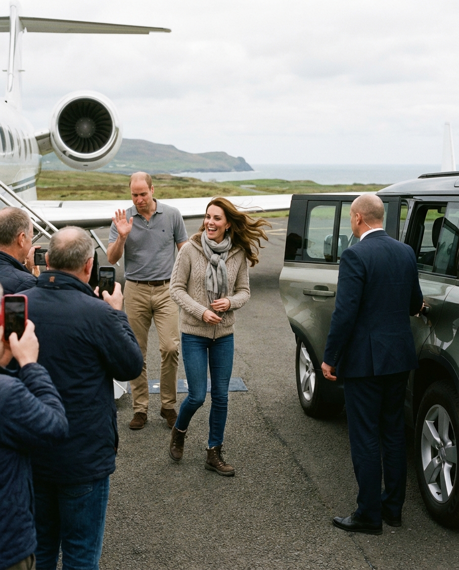 Thêm chi tiết Công chúa Catherine với khuôn mặt vui vẻ và William vừa bước xuống máy bay, có 1 chiếc xe hơi sang trọng và vệ sĩ đang mở của để chào đón ở Bắc Ireland với trang phục đi nghỉ dưỡng 1 cách chân thật nhất, và được 1 số người ở đó chụp được khiến cho William ngại