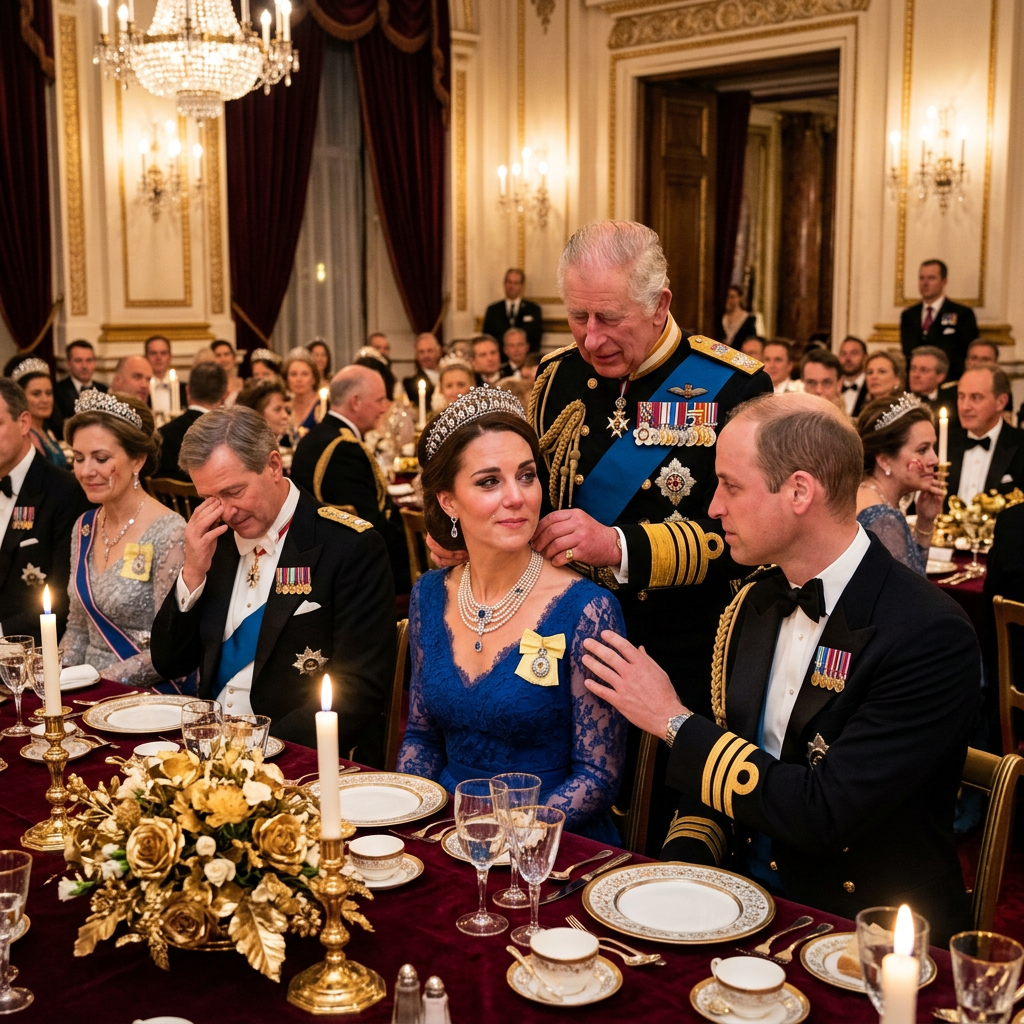 Tạo ảnh vua Charlet đem vòng cổ của Diana đeo vào cổ cho công nương Kate. Kate đang  khóc ngồi bên cạnh William Bối cảnh mọi người xung quanh đang dự tiệc tại nhà hàng trang trọng. Tất cả đều mặc trang phục hoàng gia.