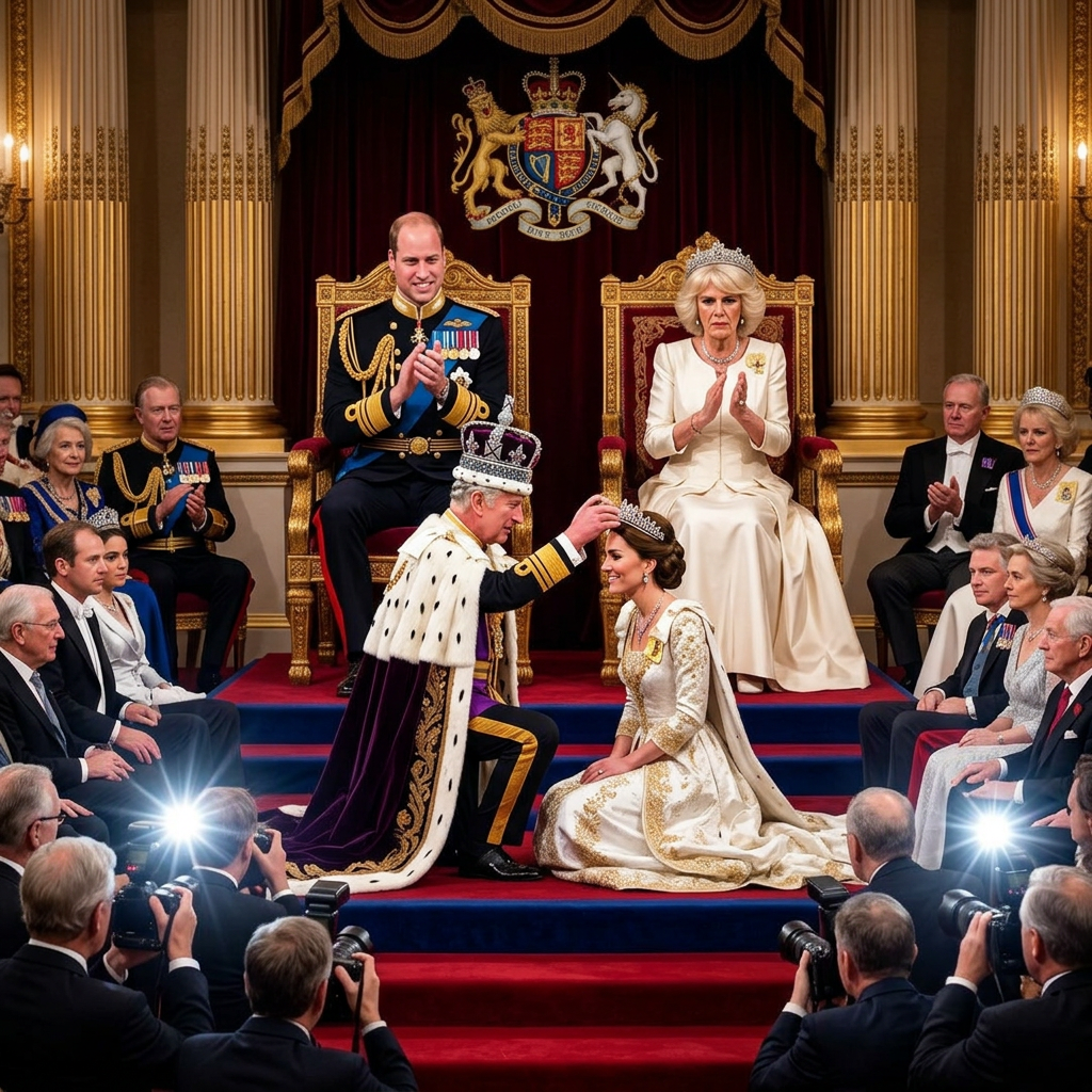 Tạo ảnh vua Charlet đội vương miệng cho công nương Kate trên sân khấu hoàng gia. Hoàng tử William ngồi ghế vỗ tay. Bà Camilla vỗ tay nhưng vẻ mặt không vui. Thay đổi không gian đang họp sự kiện. Tất cả mọi người đều mặc trang phục hoàng gia.