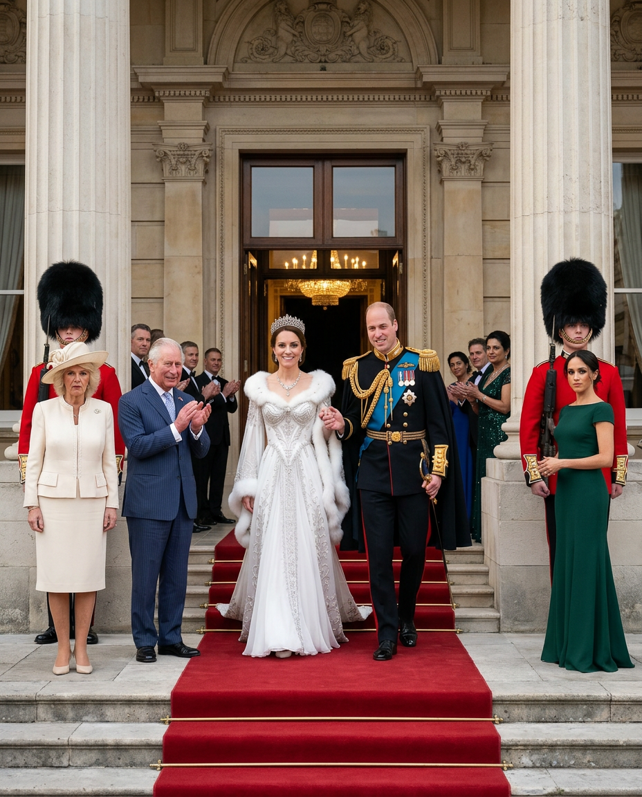 Thêm bà Camilla và nữ công nương Meghan với vẻ mặt tức giận đứng 2 bên chào đón vợ chồng công nương Kate nhưng không nhìn vào họ. Không gian thay đổi trước sảnh cung điện.