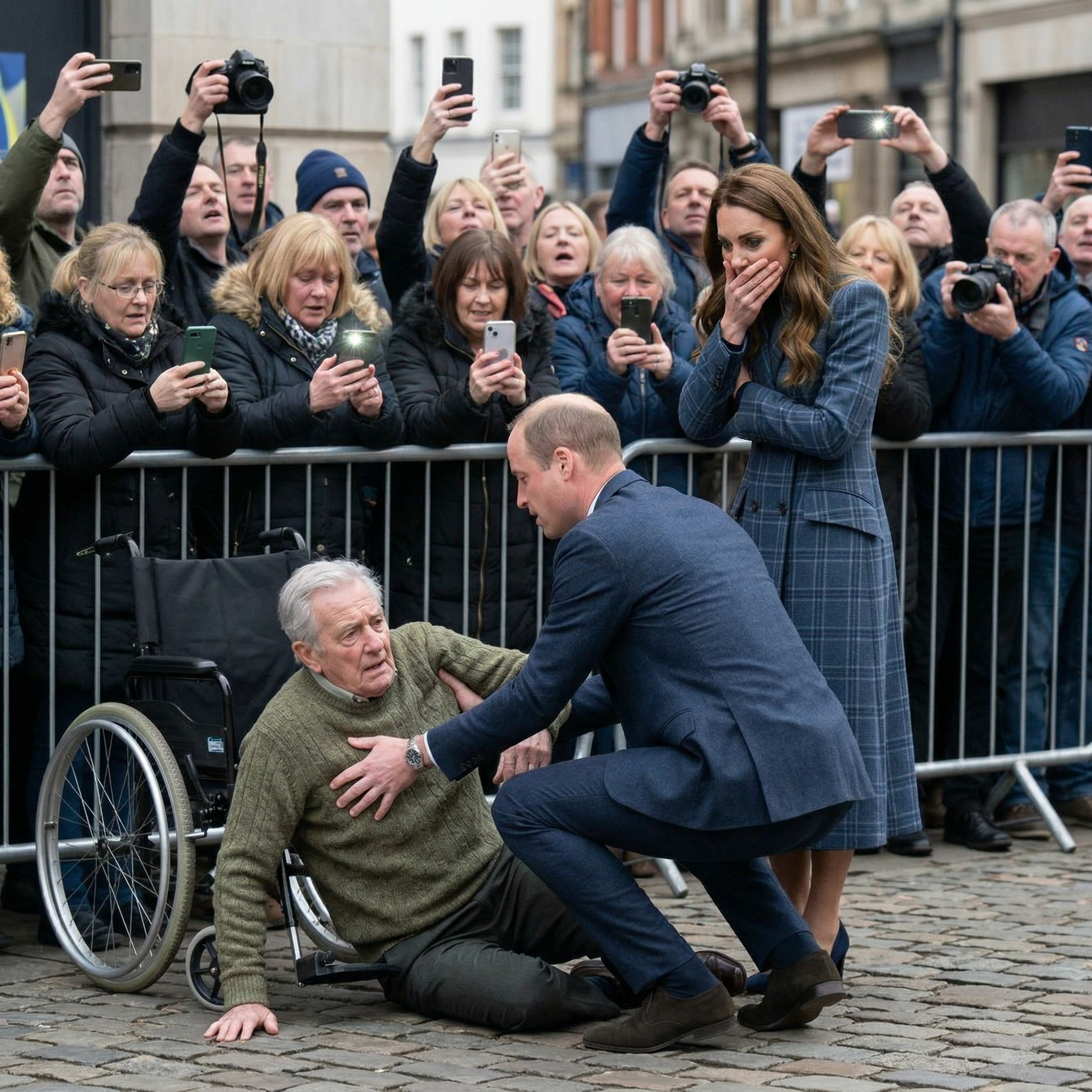 Tạo ảnh Hoàng tử William đỡ ông cụ bị ngã từ xe lăn bên đường có nhiều người vây lại chụp hình. Công nương Kate đứng bên che miệng hoảng hốt. Tỉ lệ ảnh 1:1.