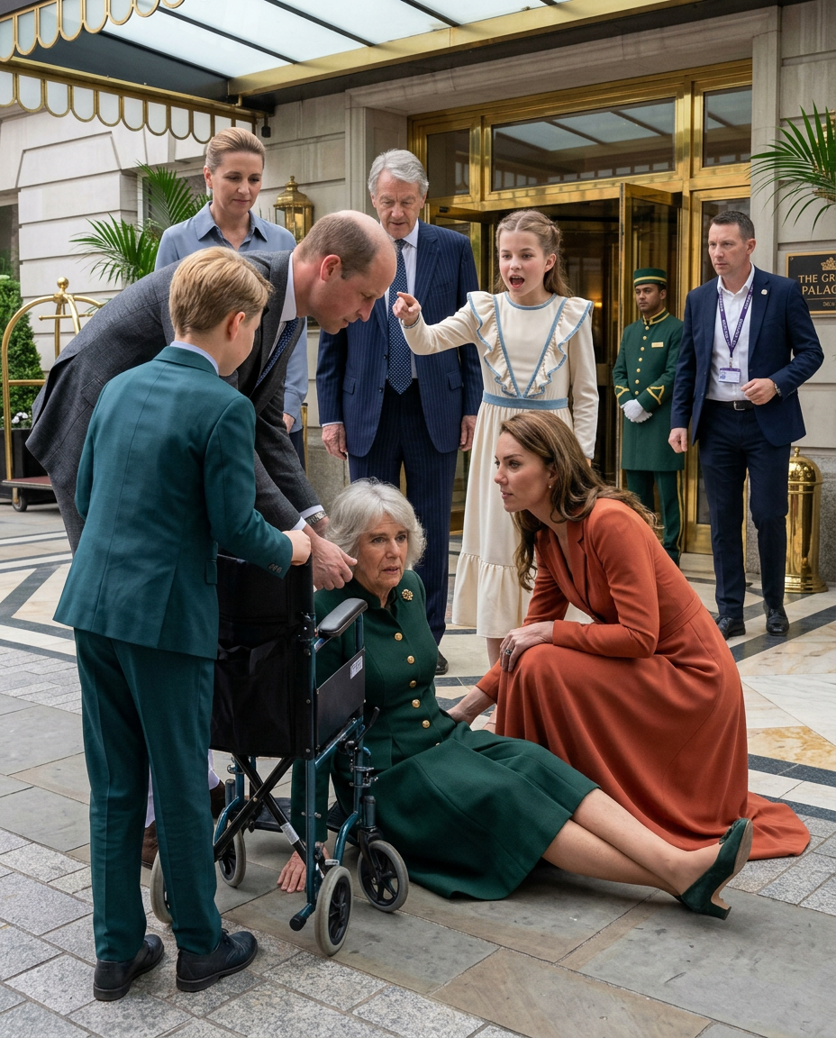 Thay đổi khung cảnh dưới trước sảnh khách sạn. Thay đổi ông cụ bị té thành bà cụ. Thay đổi màu trang phục khác sao cho phù hợp với khung cảnh.