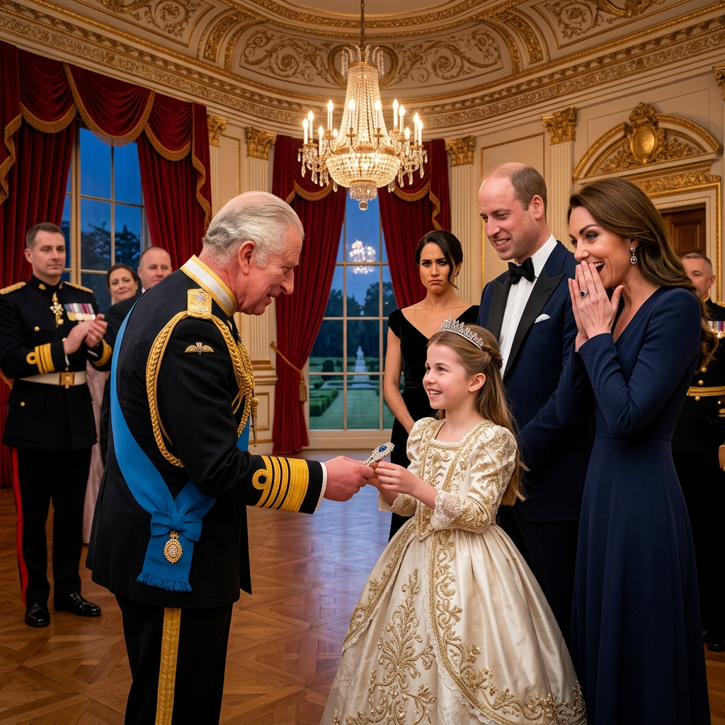 Thay đổi trang phục hoàng gia cho công chúa Charlotte. Thay đổi không gian cung điện khác. Công nương Meghan vẻ mặt không hài lòng. Công nương Kate để tay lên miệng vui mừng. 